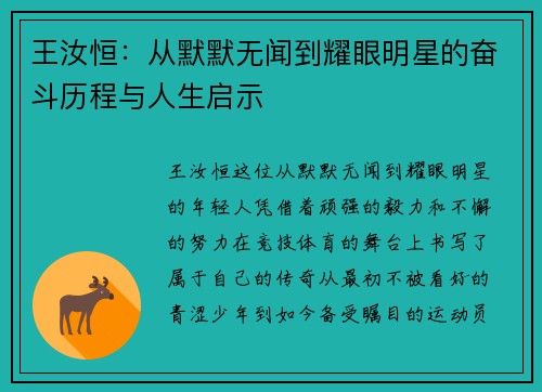王汝恒：从默默无闻到耀眼明星的奋斗历程与人生启示