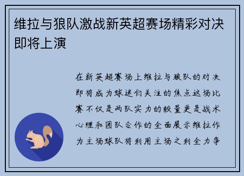 维拉与狼队激战新英超赛场精彩对决即将上演